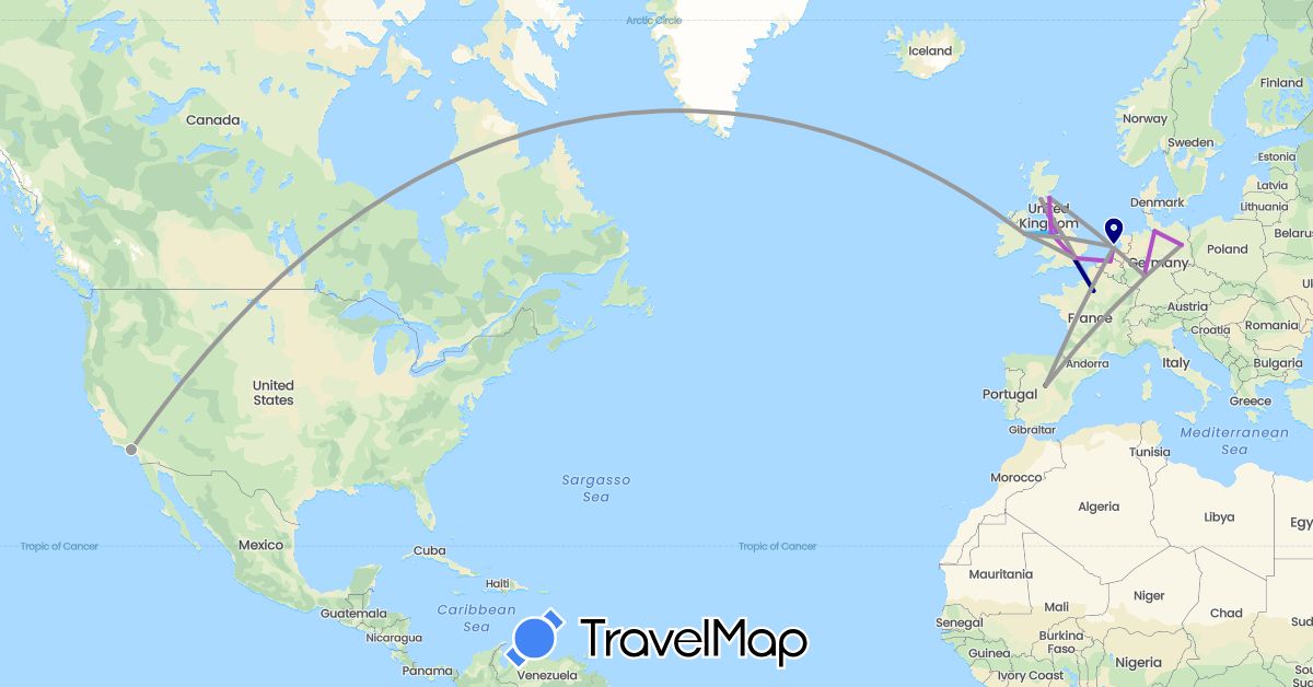 TravelMap itinerary: driving, plane, train, boat in Belgium, Germany, Spain, France, United Kingdom, Ireland, Netherlands, United States (Europe, North America)